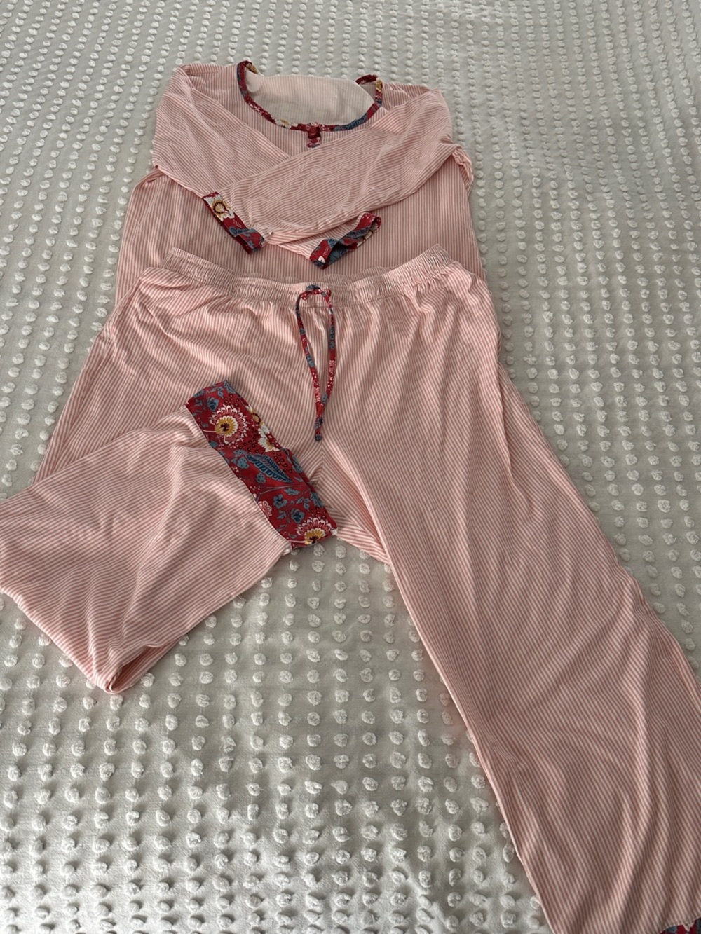 Garnet Hill Organic Cotton Pink Striped Pajama Set with Floral Trim
